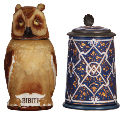 Two Mettlach steins, .5L, 2036, character, Owl, lid is broken & glued, lid chips; with, .5L, 2034, mosaic, inlaid lid, inlay hairline, body mint.