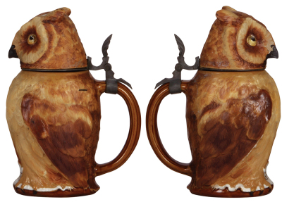 Two Mettlach steins, .5L, 2036, character, Owl, lid is broken & glued, lid chips; with, .5L, 2034, mosaic, inlaid lid, inlay hairline, body mint. - 2