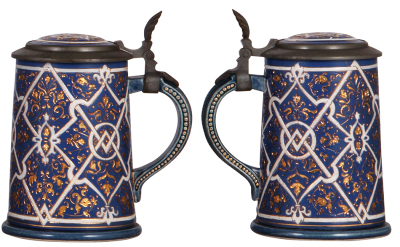 Two Mettlach steins, .5L, 2036, character, Owl, lid is broken & glued, lid chips; with, .5L, 2034, mosaic, inlaid lid, inlay hairline, body mint. - 3