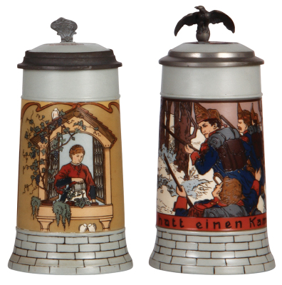 Two Mettlach steins, .5L, 2832, etched, inlaid lid, top rim flake; with, .5L, 2833E, etched, inlaid lid, mint.
