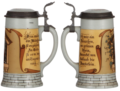 Two Mettlach steins, .5L, 2832, etched, inlaid lid, top rim flake; with, .5L, 2833E, etched, inlaid lid, mint. - 2