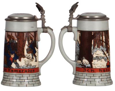 Two Mettlach steins, .5L, 2832, etched, inlaid lid, top rim flake; with, .5L, 2833E, etched, inlaid lid, mint. - 3