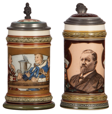 Two Mettlach steins, .5L, 2068, etched, inlaid lid, fair inlay repair, body mint; with, .5L, 1997, etched & PUG, George Ehret, inlaid lid is broken, base break glued, chips.