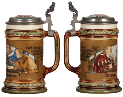 Two Mettlach steins, .5L, 2068, etched, inlaid lid, fair inlay repair, body mint; with, .5L, 1997, etched & PUG, George Ehret, inlaid lid is broken, base break glued, chips. - 2