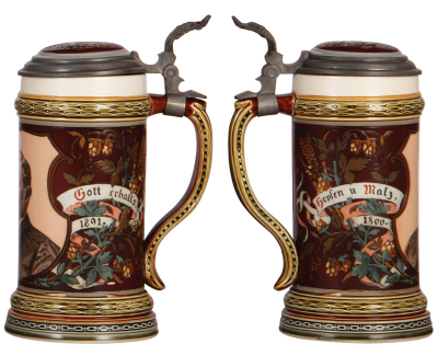 Two Mettlach steins, .5L, 2068, etched, inlaid lid, fair inlay repair, body mint; with, .5L, 1997, etched & PUG, George Ehret, inlaid lid is broken, base break glued, chips. - 3