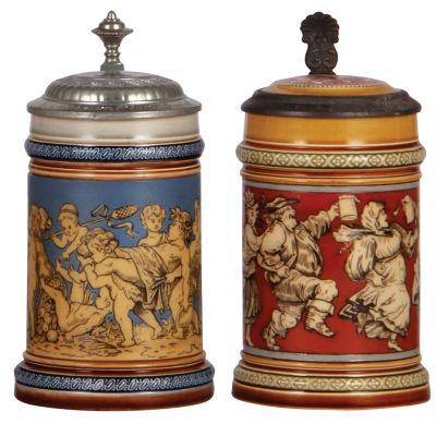 Two Mettlach steins, .3L, 2025, etched, pewter lid is old replacement, otherwise mint; with, .3L, 2057, etched, inlaid lid, mint.
