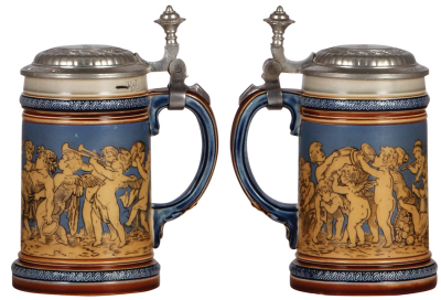 Two Mettlach steins, .3L, 2025, etched, pewter lid is old replacement, otherwise mint; with, .3L, 2057, etched, inlaid lid, mint. - 2