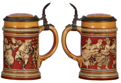 Two Mettlach steins, .3L, 2025, etched, pewter lid is old replacement, otherwise mint; with, .3L, 2057, etched, inlaid lid, mint. - 3