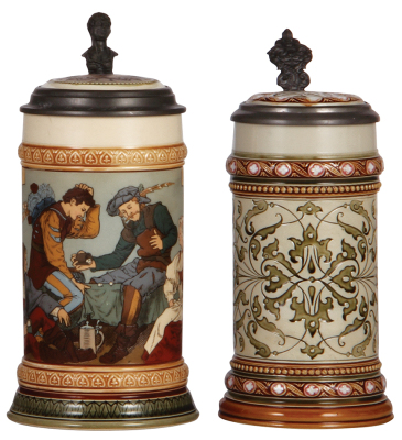 Two Mettlach steins, .5L, 2441, etched, inlaid lid, mint; with, .5L, 1654, etched, inlaid lid, mint.