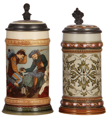 Two Mettlach steins, .5L, 2441, etched, inlaid lid, mint; with, .5L, 1654, etched, inlaid lid, mint.