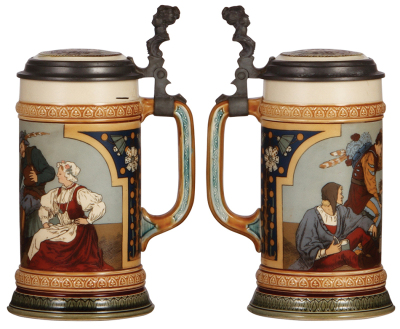 Two Mettlach steins, .5L, 2441, etched, inlaid lid, mint; with, .5L, 1654, etched, inlaid lid, mint. - 2