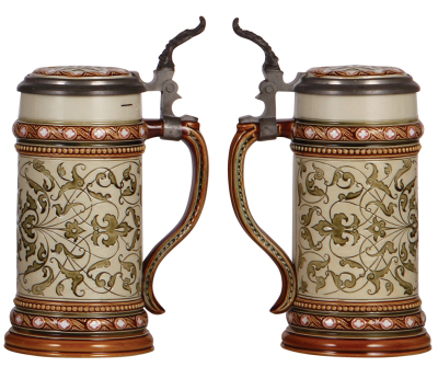 Two Mettlach steins, .5L, 2441, etched, inlaid lid, mint; with, .5L, 1654, etched, inlaid lid, mint. - 3