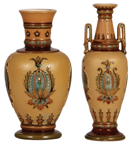 Two Mettlach vases, 7.7" ht., 3416, mosaic, mint; with, 8.2" ht., 2505, mosaic, very good repair on one handle.