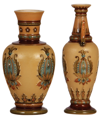 Two Mettlach vases, 7.7" ht., 3416, mosaic, mint; with, 8.2" ht., 2505, mosaic, very good repair on one handle. - 2