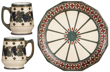 Three Mettlach items, plate, 9.0" d., 3321, etched, mint; with, two mugs, 3.9" ht., 3361, etched, both mint.