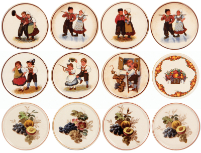 Twelve Mettlach coasters, 3.3" d., PUG, components from four groups, 1388, 1390, 1392, 1395, 1397, 1400, 1395, [4] #1981 are Villeroy & Boch Dresden, 1465, mint.