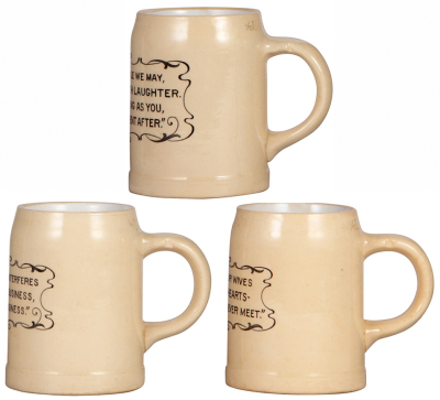 Three Mettlach mugs, .4L, 1909, PUG, English verse, mint; with, .4L, 1909, PUG, English verse, base chip; with, .4L, 1909, PUG, English verse, mint. - 2