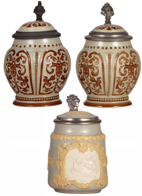 Three Mettlach steins, .25L, 1801, mosaic, inlaid lid, faint hairline in handle; with, .25L, 1801, mosaic, inlaid lid, mint; with, .25L, 1896, relief, by Hein, inlaid lid, mint.