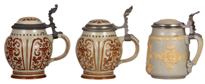 Three Mettlach steins, .25L, 1801, mosaic, inlaid lid, faint hairline in handle; with, .25L, 1801, mosaic, inlaid lid, mint; with, .25L, 1896, relief, by Hein, inlaid lid, mint. - 2