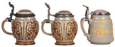 Three Mettlach steins, .25L, 1801, mosaic, inlaid lid, faint hairline in handle; with, .25L, 1801, mosaic, inlaid lid, mint; with, .25L, 1896, relief, by Hein, inlaid lid, mint. - 3