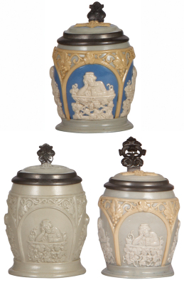 Three Mettlach steins, .25L, 1266, relief, all have inlaid lids, all mint.