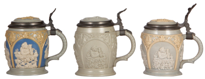 Three Mettlach steins, .25L, 1266, relief, all have inlaid lids, all mint. - 2