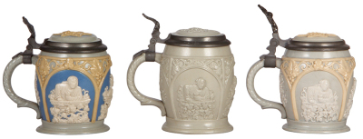 Three Mettlach steins, .25L, 1266, relief, all have inlaid lids, all mint. - 3