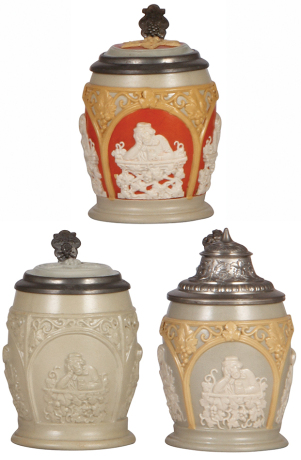 Three Mettlach steins, .25L, 1266, relief, two have inlaid lids, one original pewter lid, all mint.