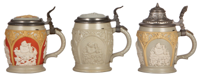 Three Mettlach steins, .25L, 1266, relief, two have inlaid lids, one original pewter lid, all mint. - 2
