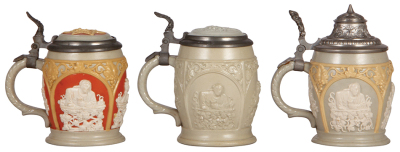 Three Mettlach steins, .25L, 1266, relief, two have inlaid lids, one original pewter lid, all mint. - 3