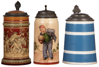 Three steins, Mettlach, 1.0L, 2035, etched, inlaid lid, handle missing, inlay breaks; with, 1.0L, 1212 [1526], PUG, pewter lid, browning; with, V & B Wallerfangen, 1.0L, porcelain, inlaid lid, two flakes.