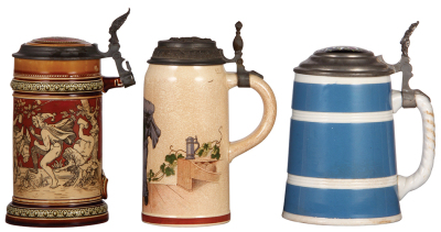 Three steins, Mettlach, 1.0L, 2035, etched, inlaid lid, handle missing, inlay breaks; with, 1.0L, 1212 [1526], PUG, pewter lid, browning; with, V & B Wallerfangen, 1.0L, porcelain, inlaid lid, two flakes. - 2