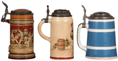 Three steins, Mettlach, 1.0L, 2035, etched, inlaid lid, handle missing, inlay breaks; with, 1.0L, 1212 [1526], PUG, pewter lid, browning; with, V & B Wallerfangen, 1.0L, porcelain, inlaid lid, two flakes. - 3