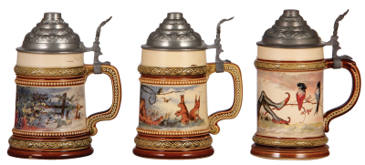 Three Mettlach steins, .25L, 957 [2181], 958 [2181], 960 [2177], PUG, by H. Schlitt, all have pewter lids, mint. - 2