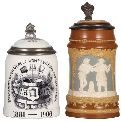 Two Mettlach steins, .5L, 1526, PUG, Braumeister Verein von New York 1881 - 1906, inlaid lid has hairline, body mint; with, .5L, 2547, relief, inlaid lid, fair base chip repair.