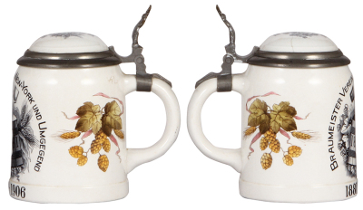 Two Mettlach steins, .5L, 1526, PUG, Braumeister Verein von New York 1881 - 1906, inlaid lid has hairline, body mint; with, .5L, 2547, relief, inlaid lid, fair base chip repair. - 2