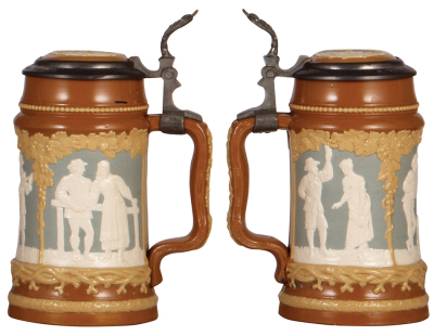 Two Mettlach steins, .5L, 1526, PUG, Braumeister Verein von New York 1881 - 1906, inlaid lid has hairline, body mint; with, .5L, 2547, relief, inlaid lid, fair base chip repair. - 4