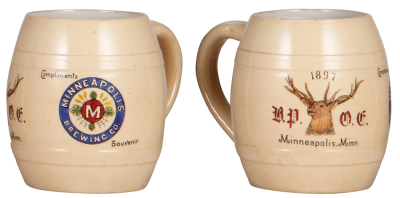 Mettlach stein, .4L, 1909, PUG, Bartholomay's Rochester N.Y., inlaid lid, interior browning, small chip on bottom; with, Mettlach mug.4L, 2217, transfer & handpainted, Minneapolis Brewing Co., mint.  - 4