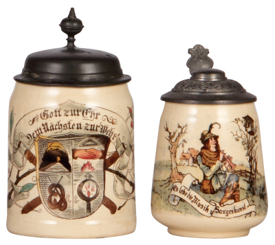 Two Mettlach steins, .5L, 604 [1526], PUG, pewter lid, pewter repair & flaking; with, .3L, 1024 [2349], PUG, pewter lid, mint.