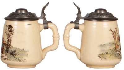 Two Mettlach steins, .5L, 604 [1526], PUG, pewter lid, pewter repair & flaking; with, .3L, 1024 [2349], PUG, pewter lid, mint. - 3