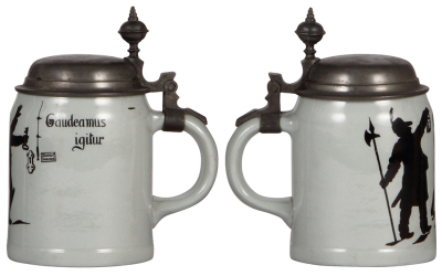 Two Mettlach steins, .5L, 1272 [1526], PUG, pewter lid, owner ID on lid, mint; with, .5L, 1145 [1526], PUG, by H. Schlitt, pewter lid, mint. - 2