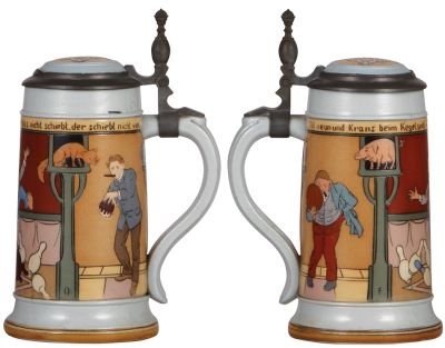 Mettlach stein, .5L, 2959, etched, by F. Quidenus, inlaid lid, pewter oxidation slightly frayed, otherwise mint. - 2