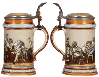 Mettlach stein, .5L, 1146, etched, signed Warth, inlaid lid, pewter strap repaired, otherwise mint. - 2