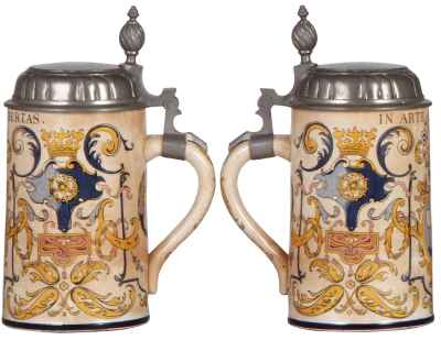 Mettlach stein, .5L, 965[5013], faience, pewter lid, glaze browning, .5" chip inside base rim. - 2