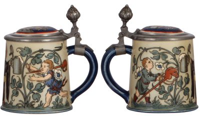 Mettlach stein, .25L, 2052, etched, inlaid lid, small base chip piece glued, crude pewter inscription. - 2