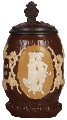 Mettlach stein, .5L, 1028, relief, inlaid lid, mint.