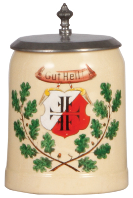 Mettlach stein, .5L, 1526, print-over-glaze, Gut Heil!, 4F, pewter lid, some glaze flaking on white color.