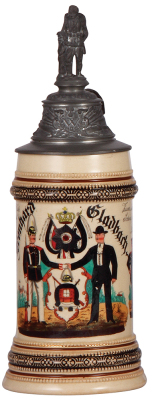 Regimental stein, .5L, 11.3'' ht., pottery, 4. Comp., 2. Garde Regt. zu Fuss, Berlin, 1901, two side scenes, eagle thumblift, named to: Leonhard Gladbach, finial slightly bent, otherwise mint.