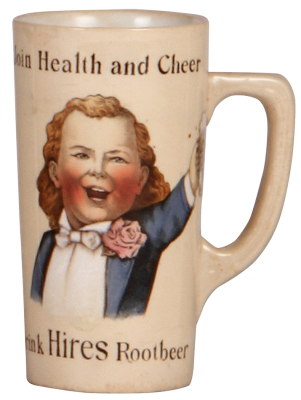 Mettlach beaker, .25L, 2327 Hires Rootbeer, PUG, with handle, faint .5" hairline.