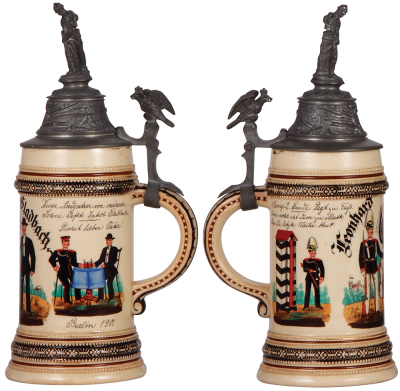 Regimental stein, .5L, 11.3'' ht., pottery, 4. Comp., 2. Garde Regt. zu Fuss, Berlin, 1901, two side scenes, eagle thumblift, named to: Leonhard Gladbach, finial slightly bent, otherwise mint. - 2